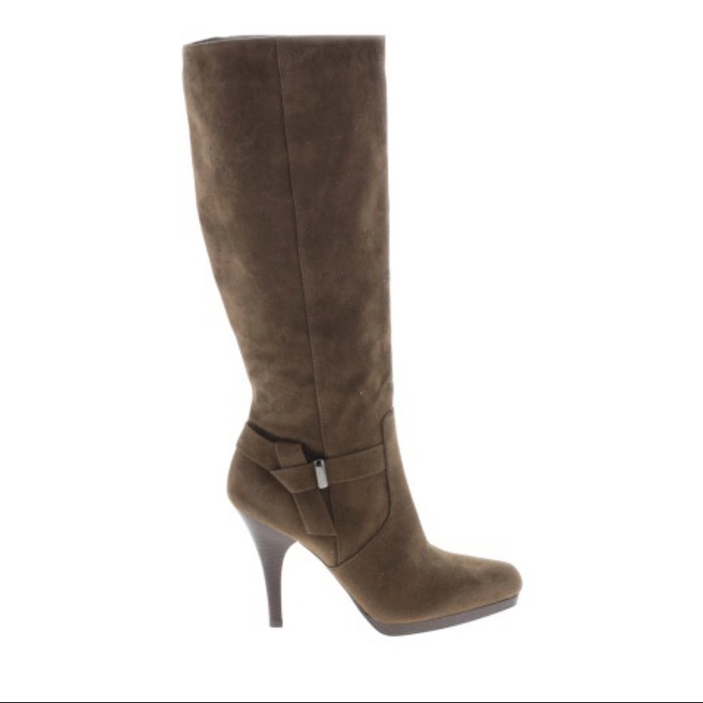 Olive tall suede heeled boots, US7.5